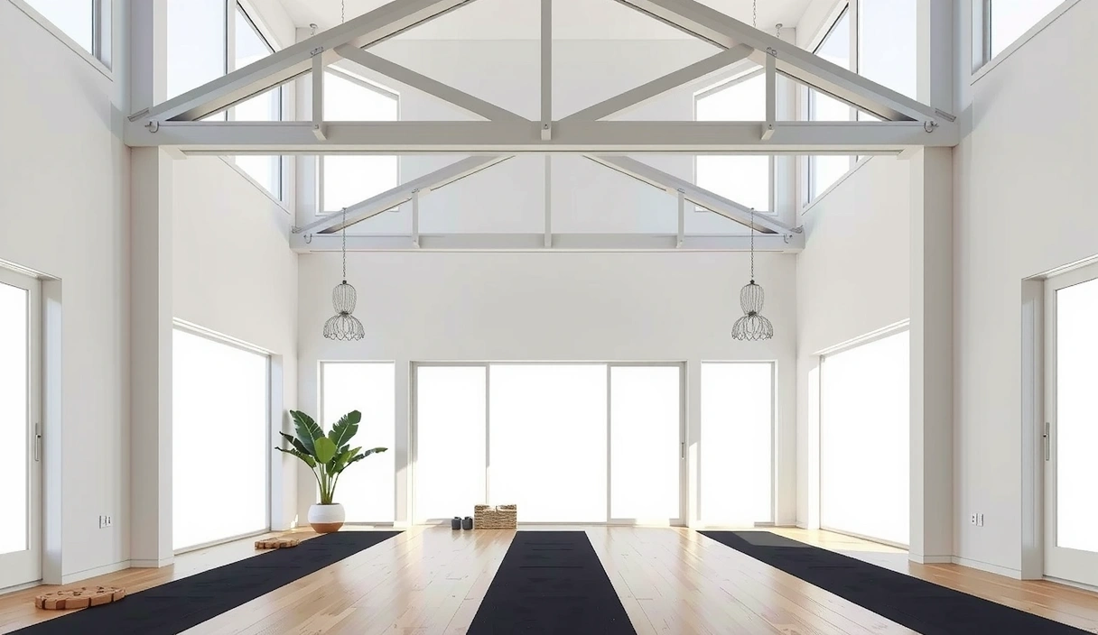 A beautifully designed yoga studio interior with ample space, soft lighting, and minimalist decor, emphasizing serenity.