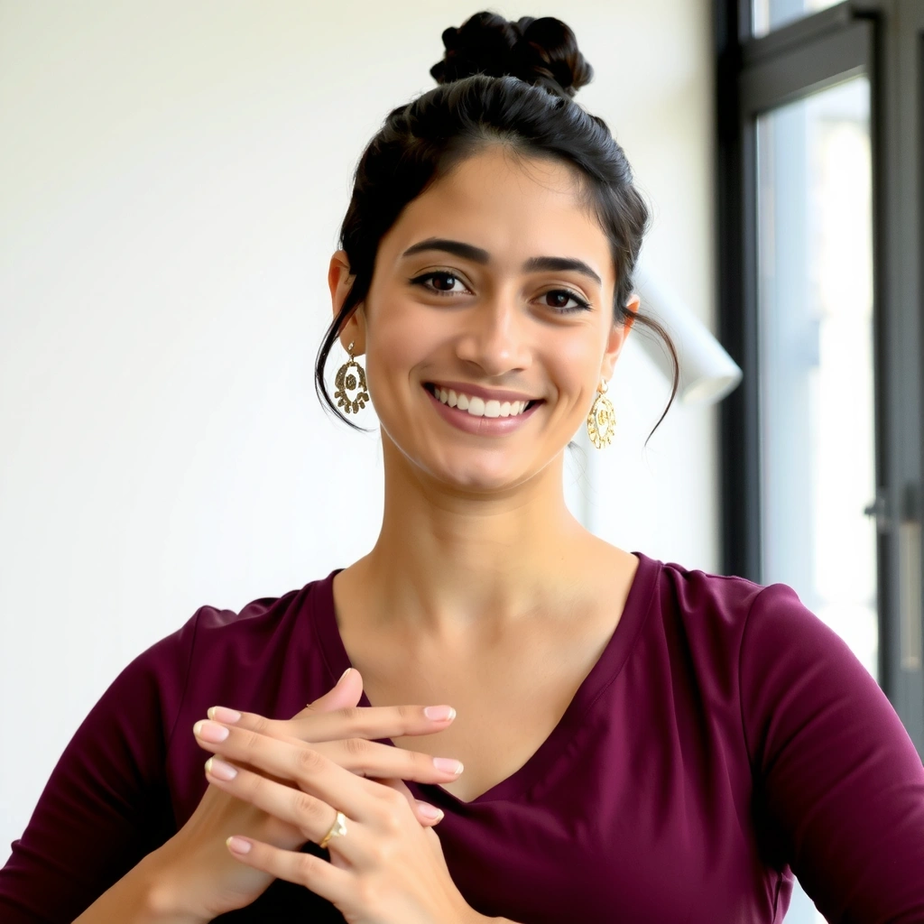 Instructor Anya Sharma demonstrating a gentle yoga pose