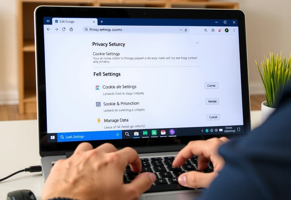 A person adjusting privacy settings on a laptop, with a focus on cookie management options