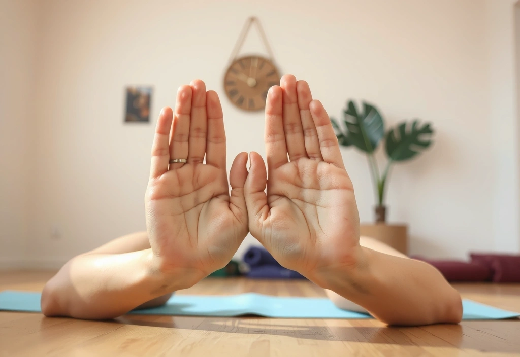 Close-up of hands in a meditative pose with soft focus background