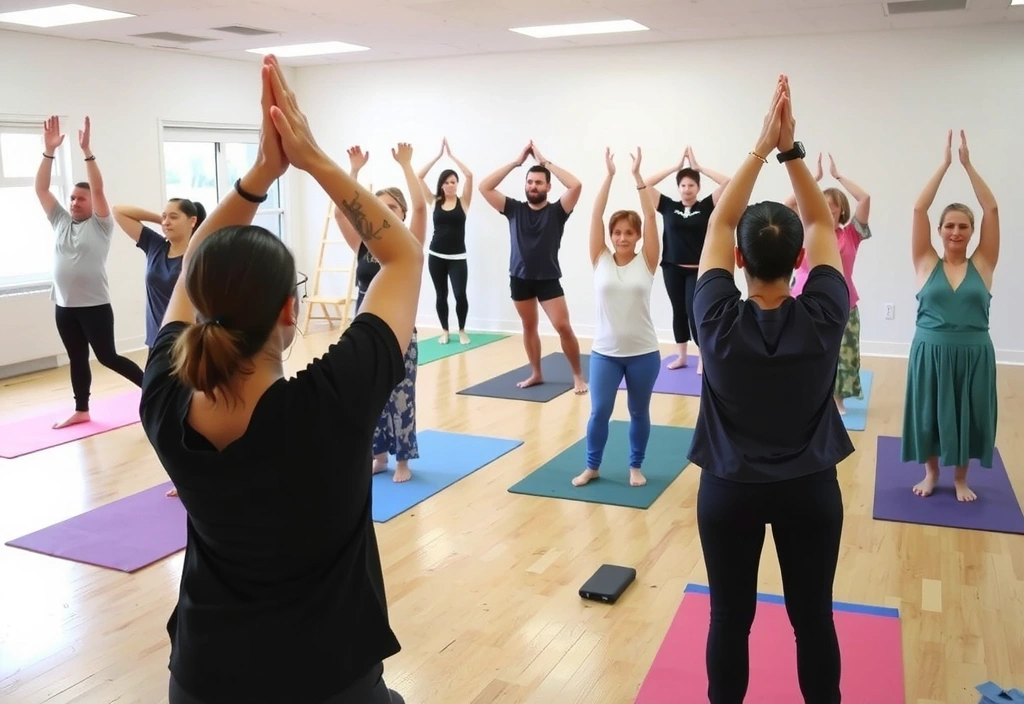 Diverse group of people in a yoga class, smiling and stretching, vibrant energy